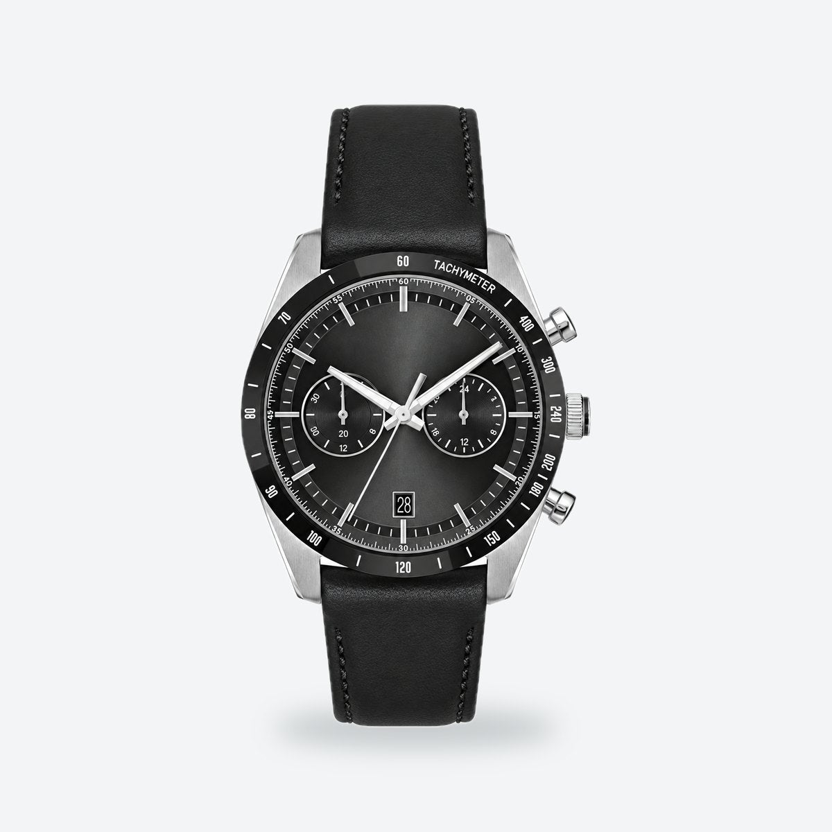 Men's 41mm Black Dial Watch, Leather Strap, Black dial / Black