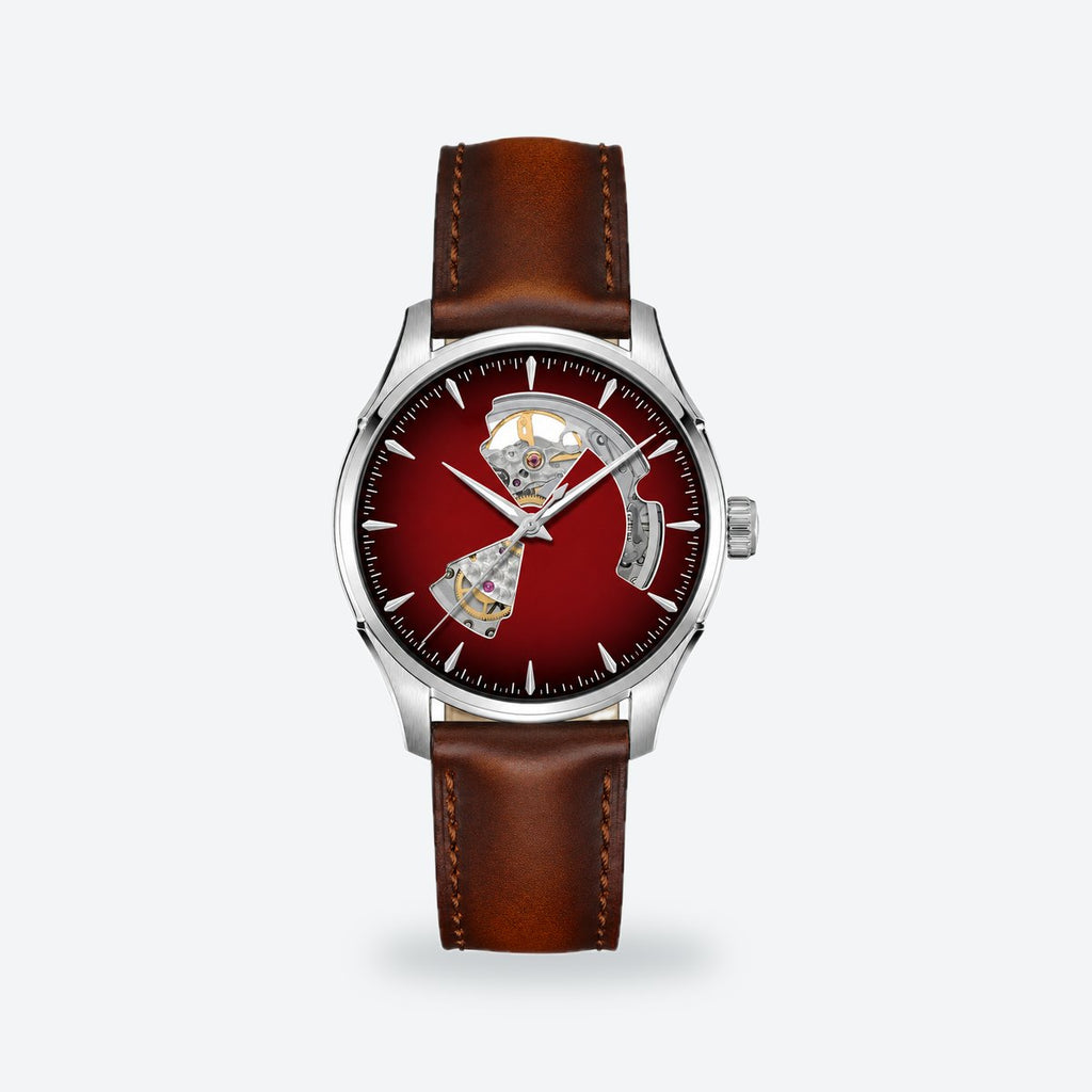 Men's 40mm Automatic Open-Heart Dial Watch, Smoked blue Dial, Burgundy, leather strap