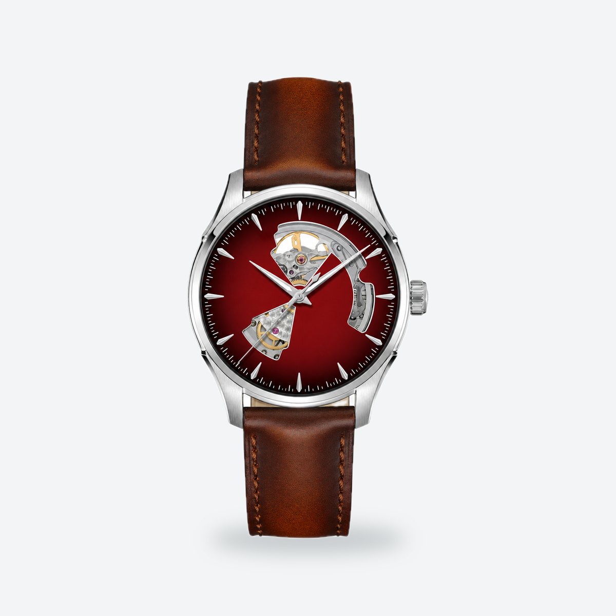 Men's 40mm Automatic Open-Heart Dial Watch, Smoked blue Dial, Burgundy, leather strap