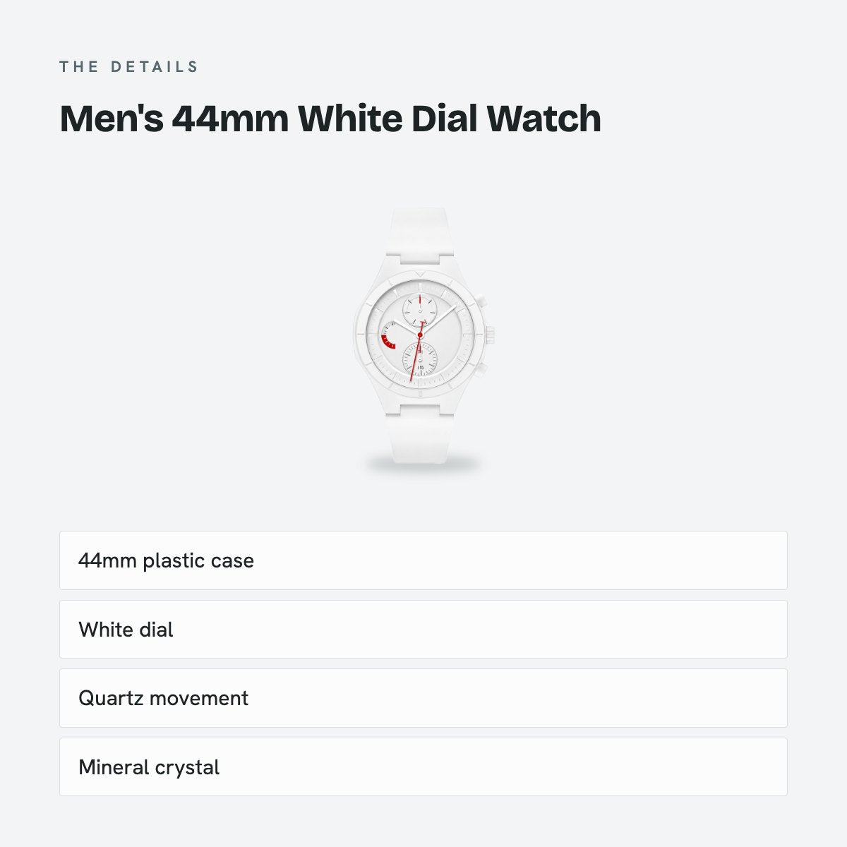 Men's 44mm White Dial Watch, details