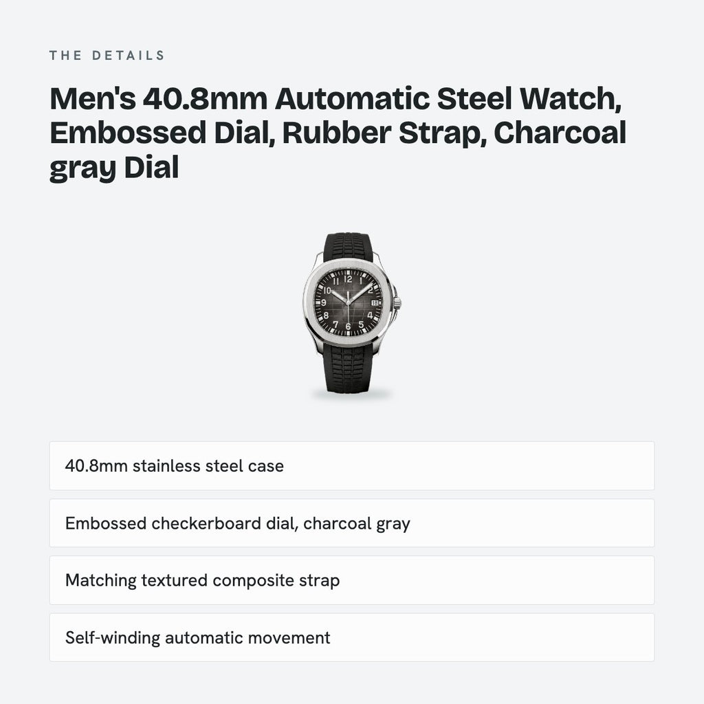 Men's 40.8mm Automatic Steel Watch, Embossed Dial, Rubber Strap, Charcoal gray Dial, details