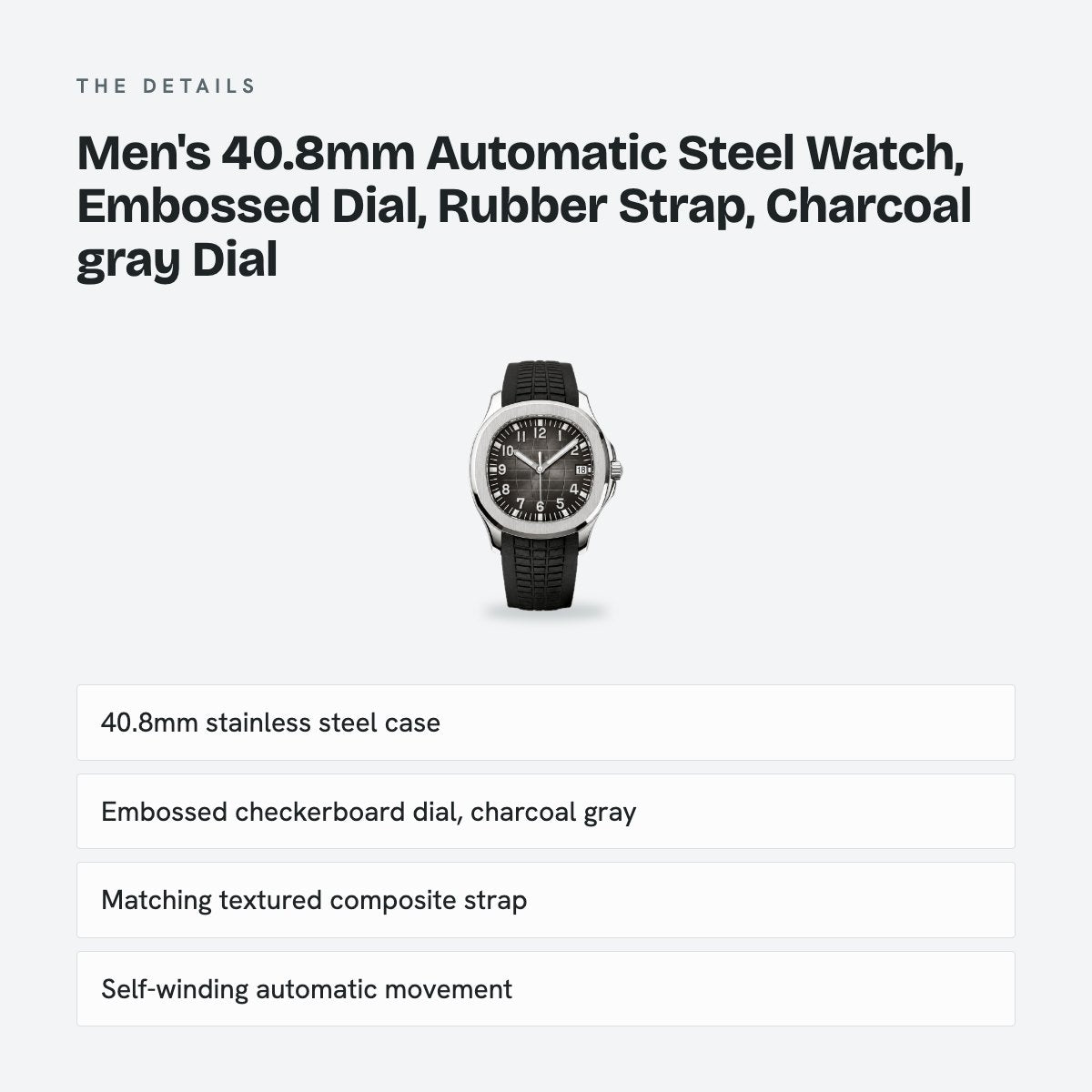 Men's 40.8mm Automatic Steel Watch, Embossed Dial, Rubber Strap, Charcoal gray Dial, details