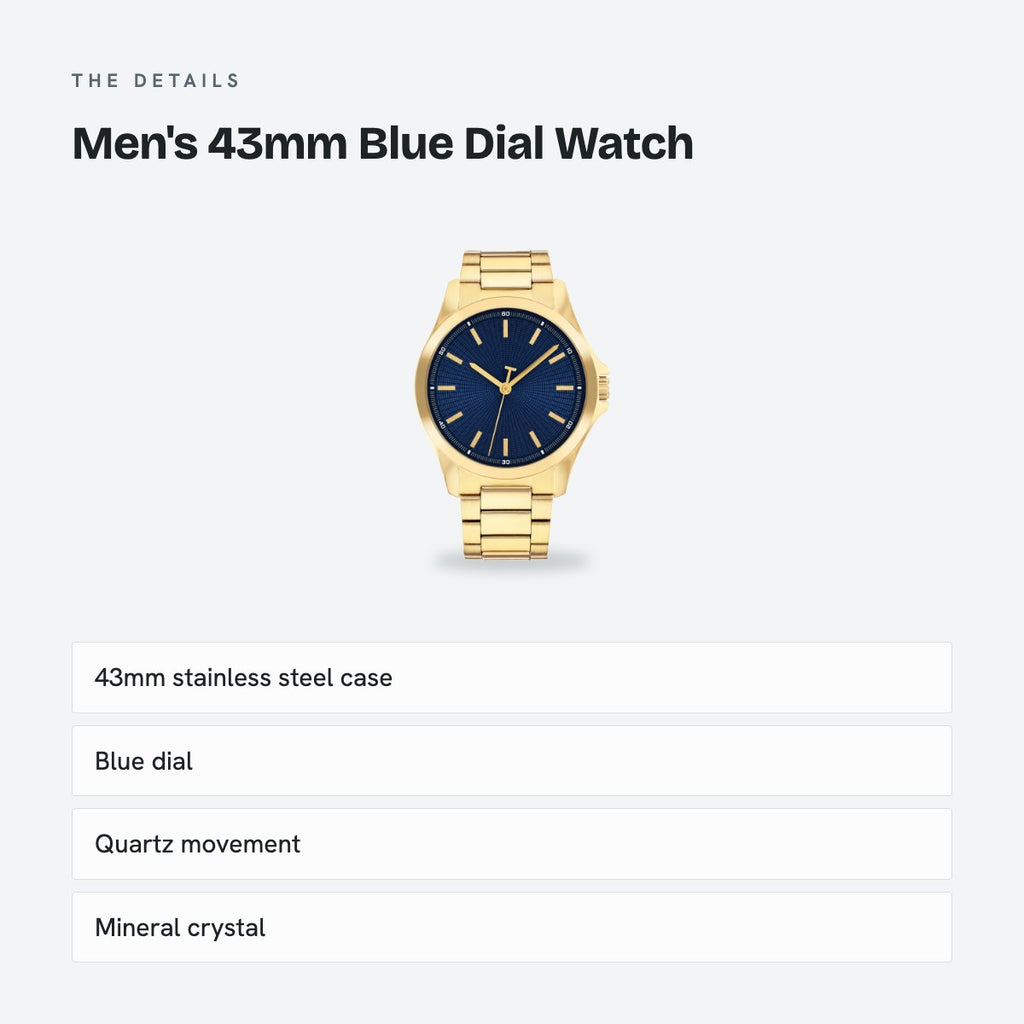 Men's 43mm Blue Dial Watch, Steel Bracelet, Gold-Tone, details