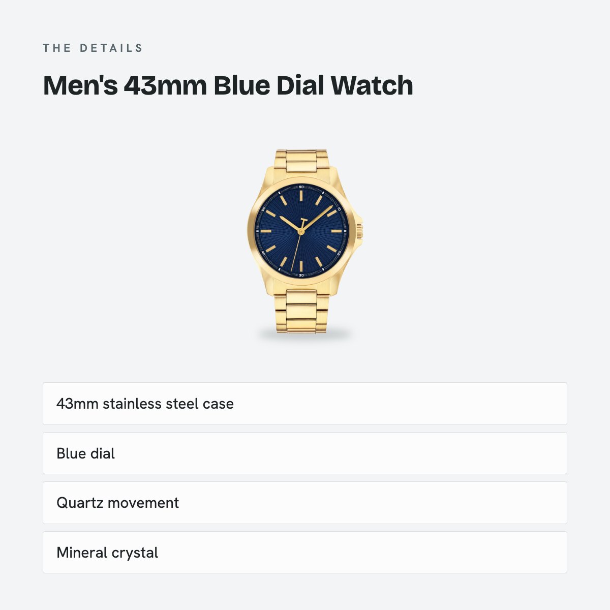 Men's 43mm Blue Dial Watch, Steel Bracelet, Gold-Tone, details