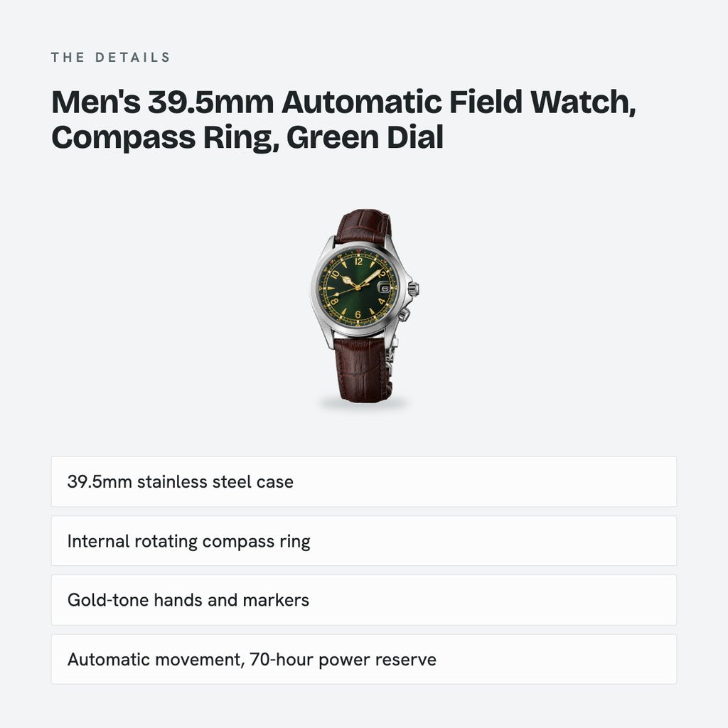 Men's 39.5mm Automatic Field Watch, Compass Ring, Green Dial, details