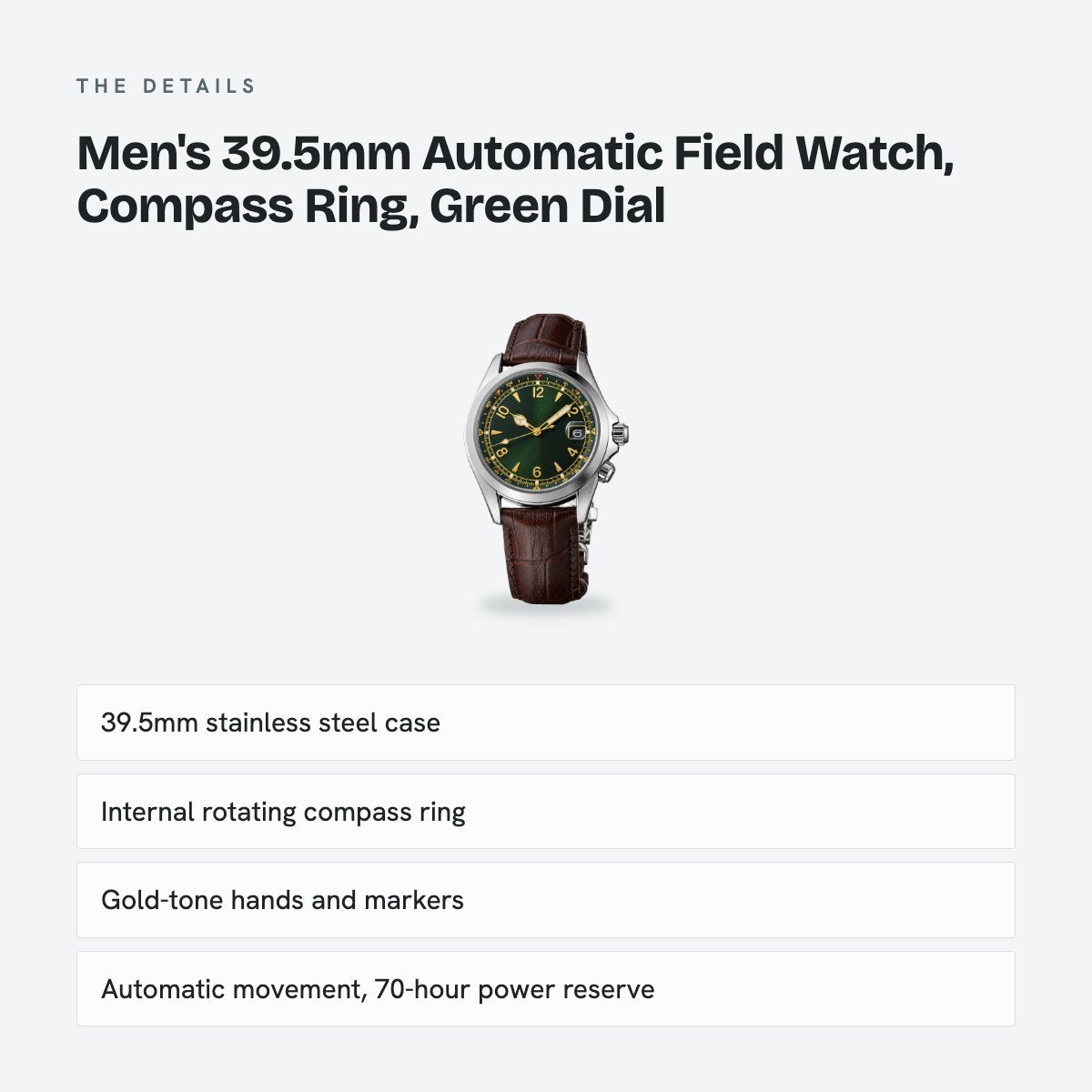Men's 39.5mm Automatic Field Watch, Compass Ring, Green Dial, details
