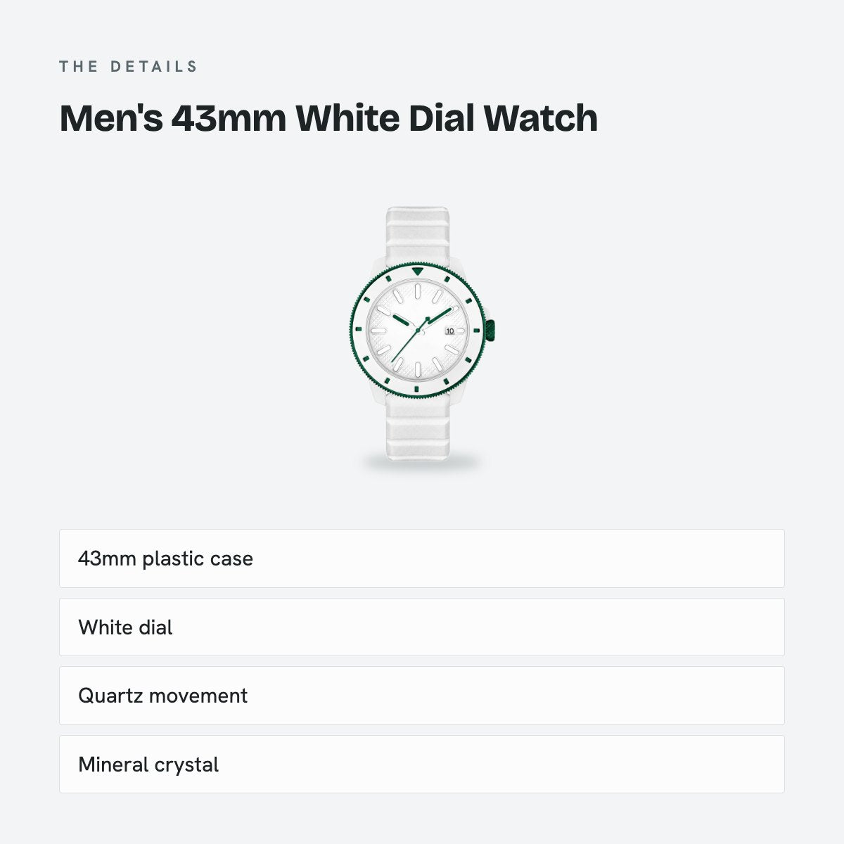 Men's 43mm White Dial Watch, details