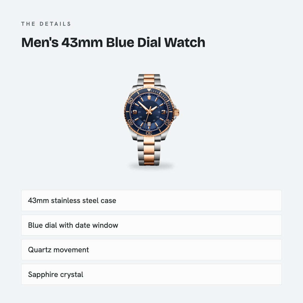 Men's 43mm Blue Dial Watch, Steel Bracelet, Style 2, details