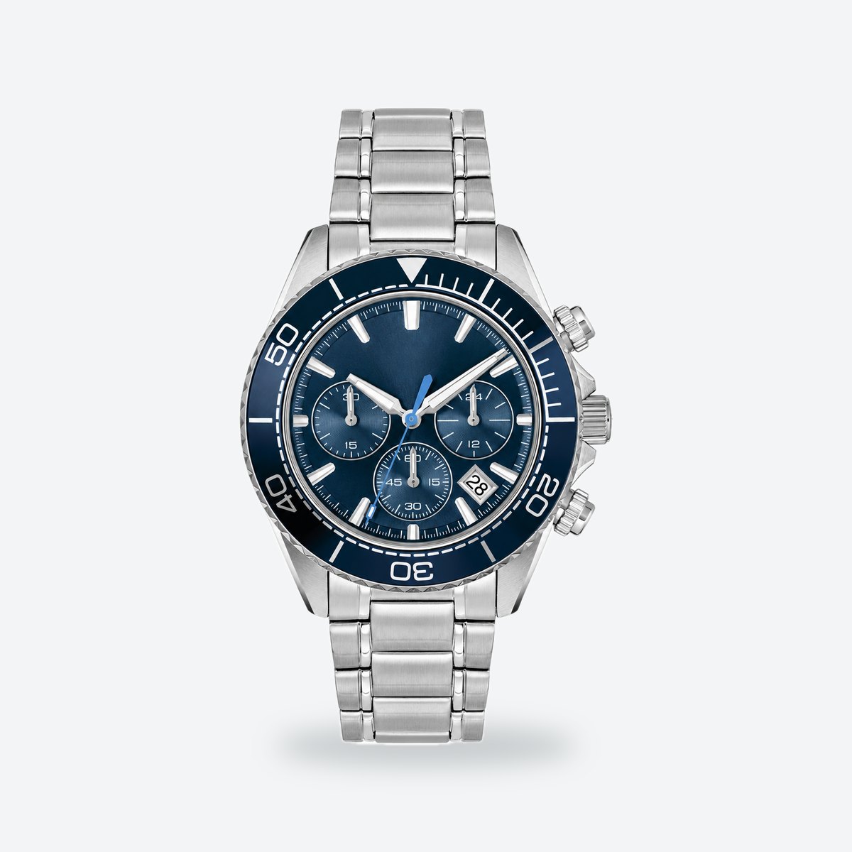 Men's 44mm Black Dial Chronograph Watch, Blue dial / Silver-tone