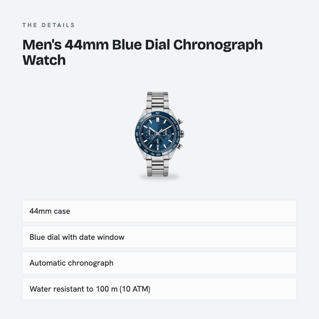 Men's 44mm Blue Dial Chronograph Watch, Steel Bracelet, Style 3, details