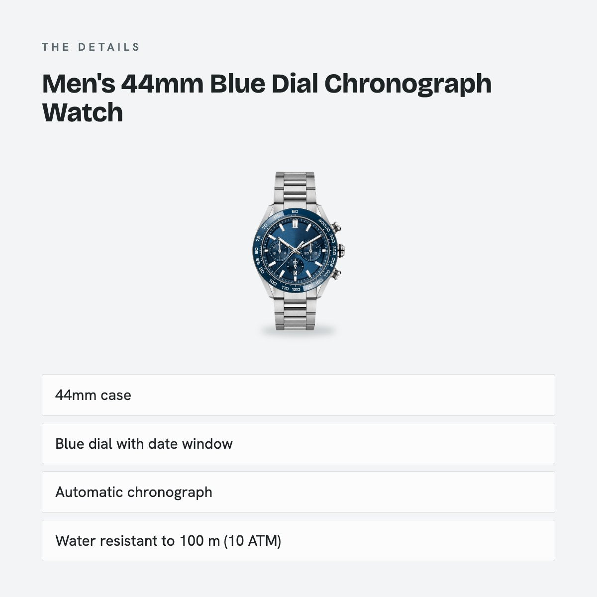 Men's 44mm Blue Dial Chronograph Watch, Steel Bracelet, Style 3, details