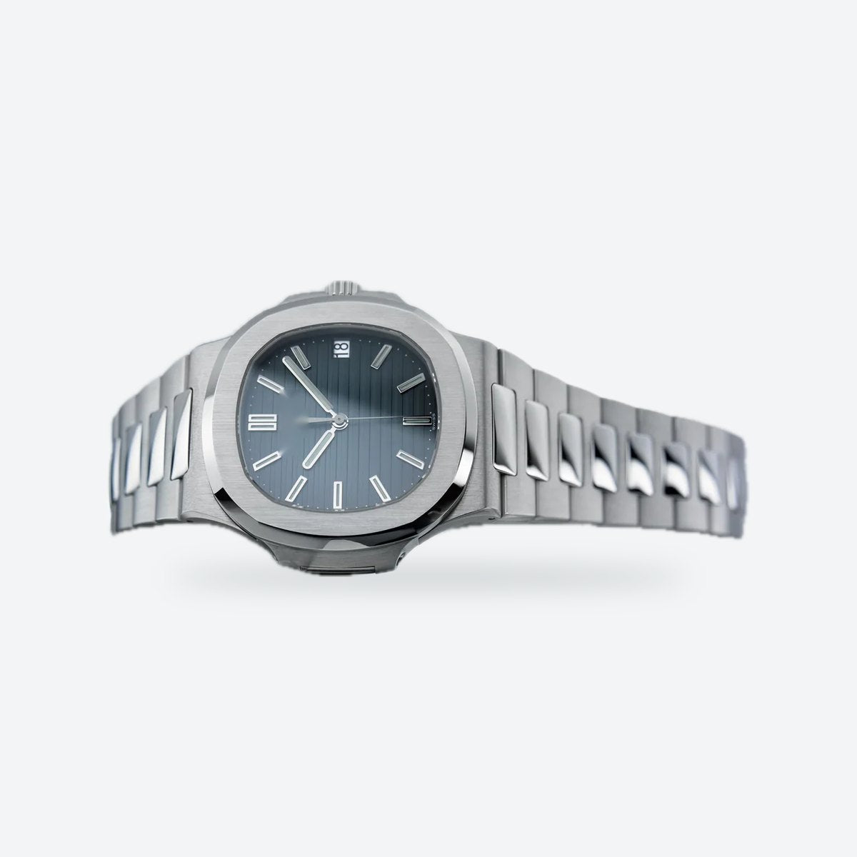 Men's 40mm Automatic Steel Watch, Integrated Bracelet, Black-blue Dial, view 7
