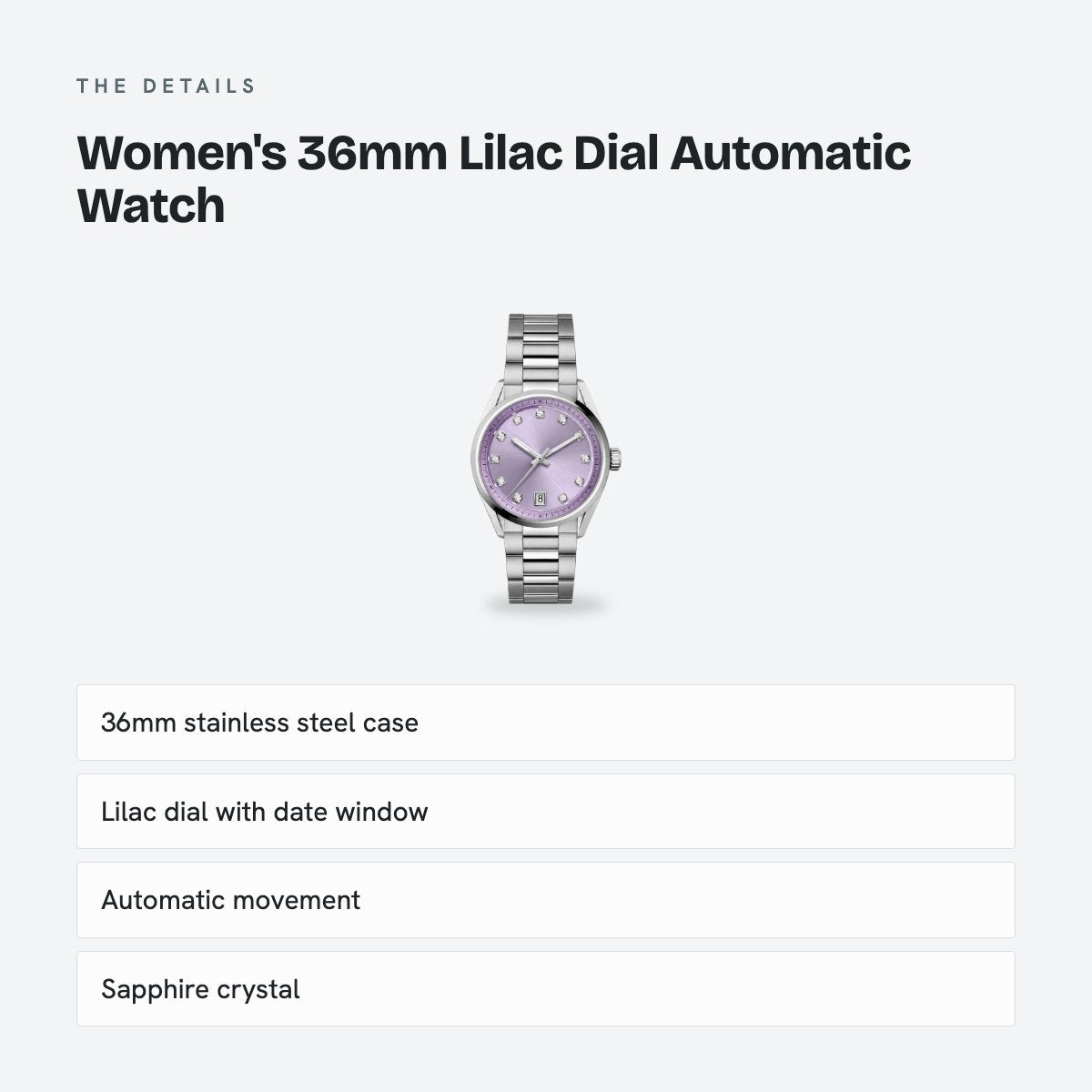 Women's 36mm Lilac Dial Automatic Watch, details