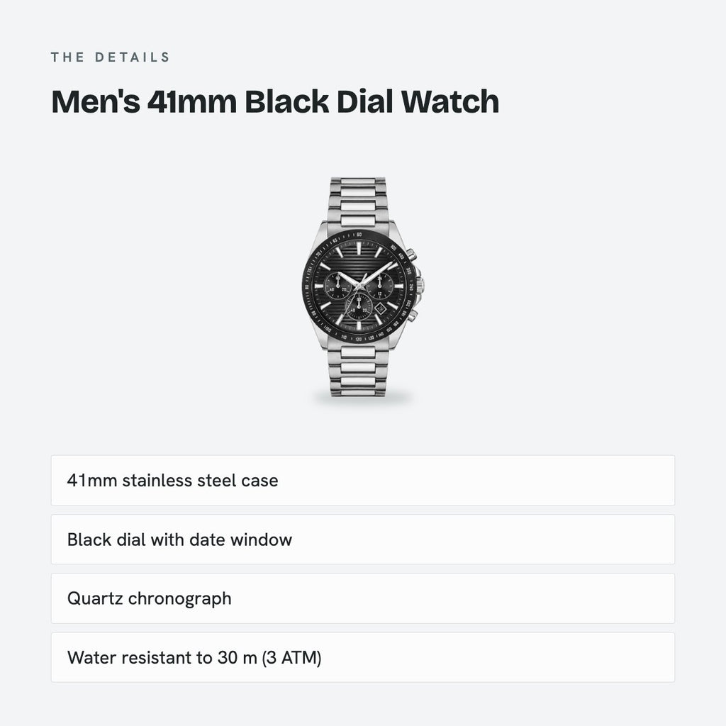 Men's 41mm Black Dial Watch, Steel Bracelet, Silver-Tone, details