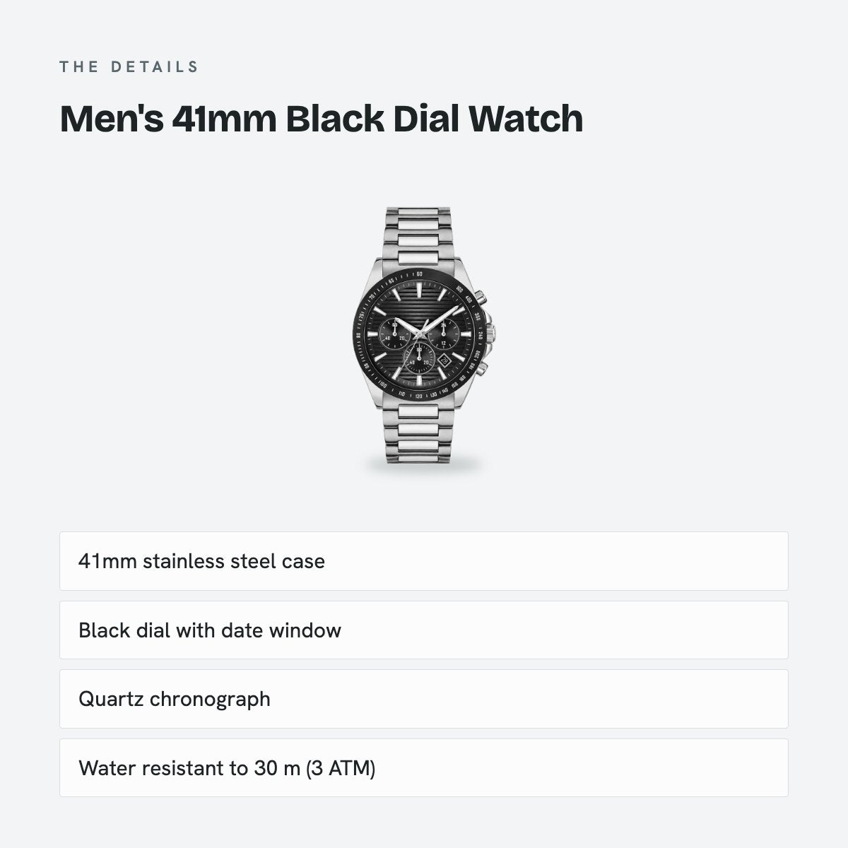Men's 41mm Black Dial Watch, Steel Bracelet, Silver-Tone, details