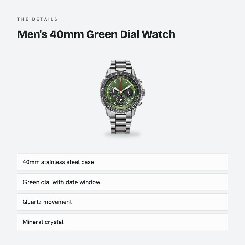 Men's 40mm Green Dial Watch, Steel Bracelet, Style 2, details
