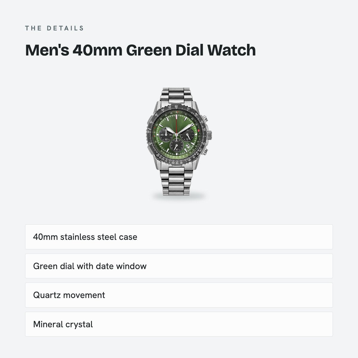 Men's 40mm Green Dial Watch, Steel Bracelet, Style 2, details