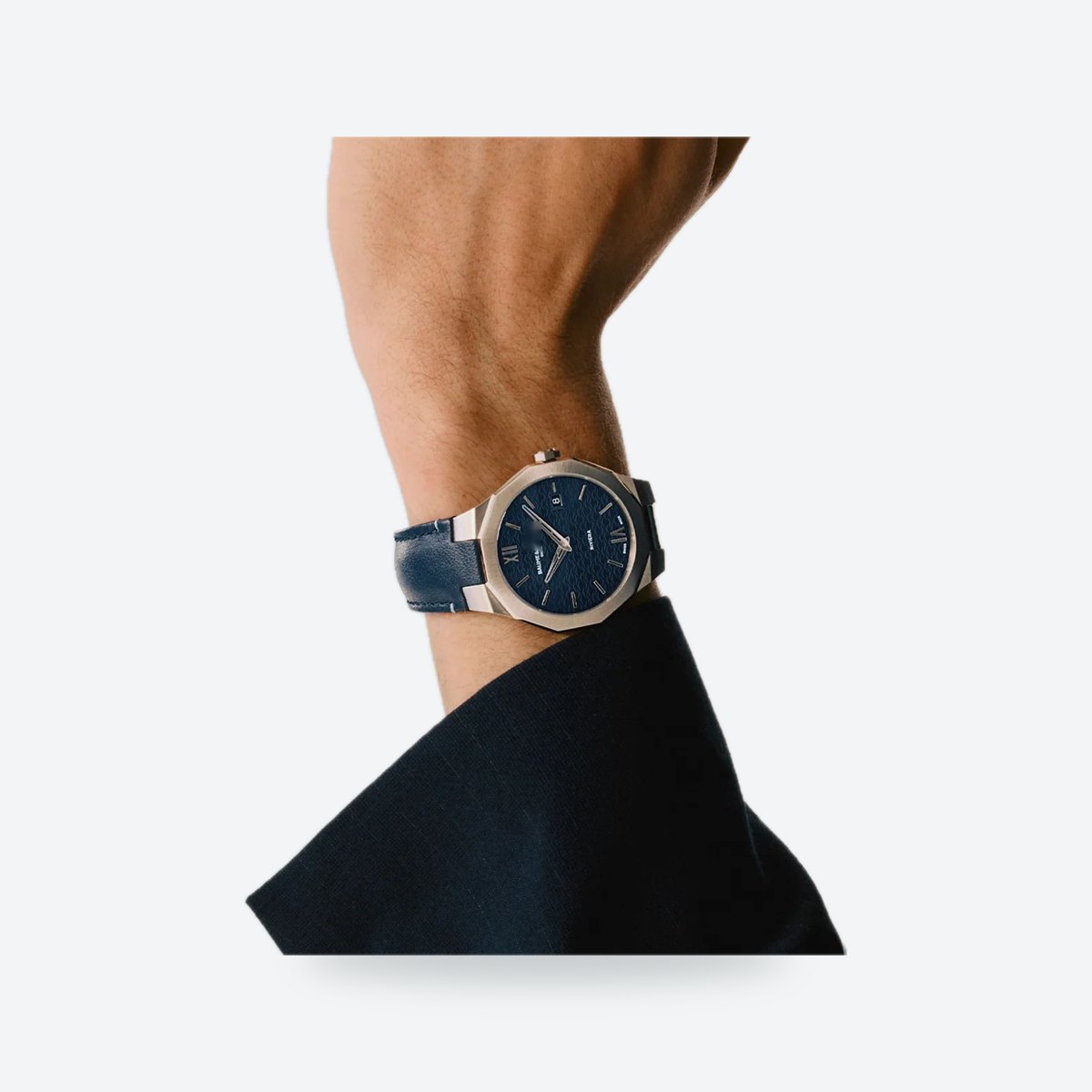 Men's 39mm Blue Dial Watch, Leather Strap, view 2