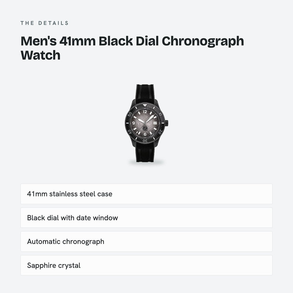 Men's 41mm Black Dial Chronograph Watch, Steel Bracelet, details