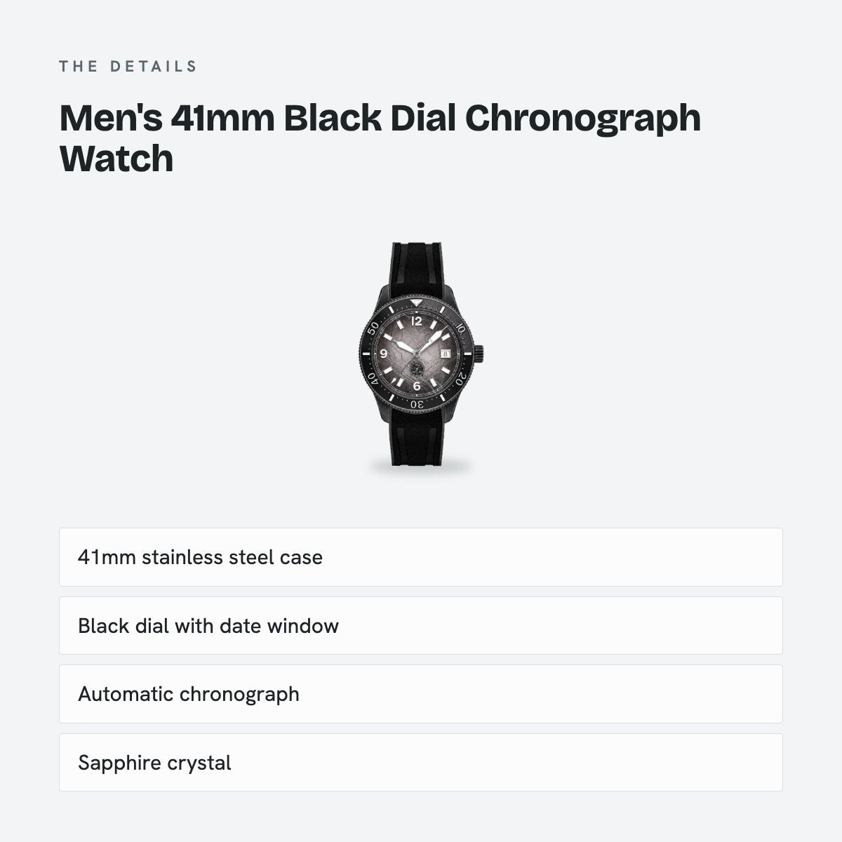 Men's 41mm Black Dial Chronograph Watch, Steel Bracelet, details