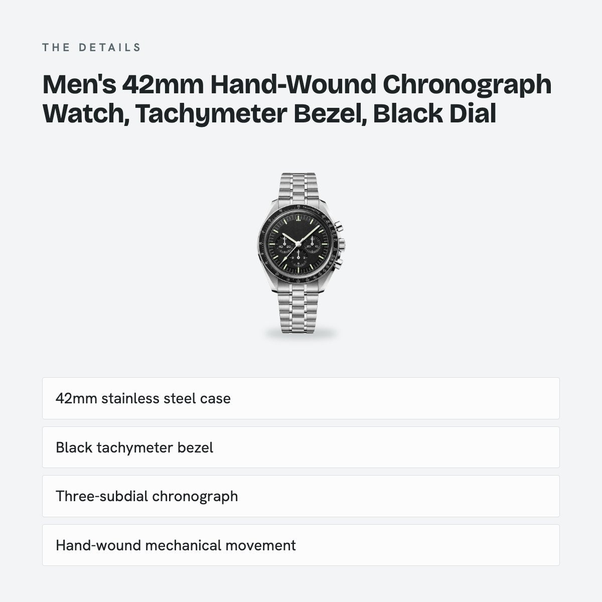Men's 42mm Hand-Wound Chronograph Watch, Tachymeter Bezel, Black Dial, details