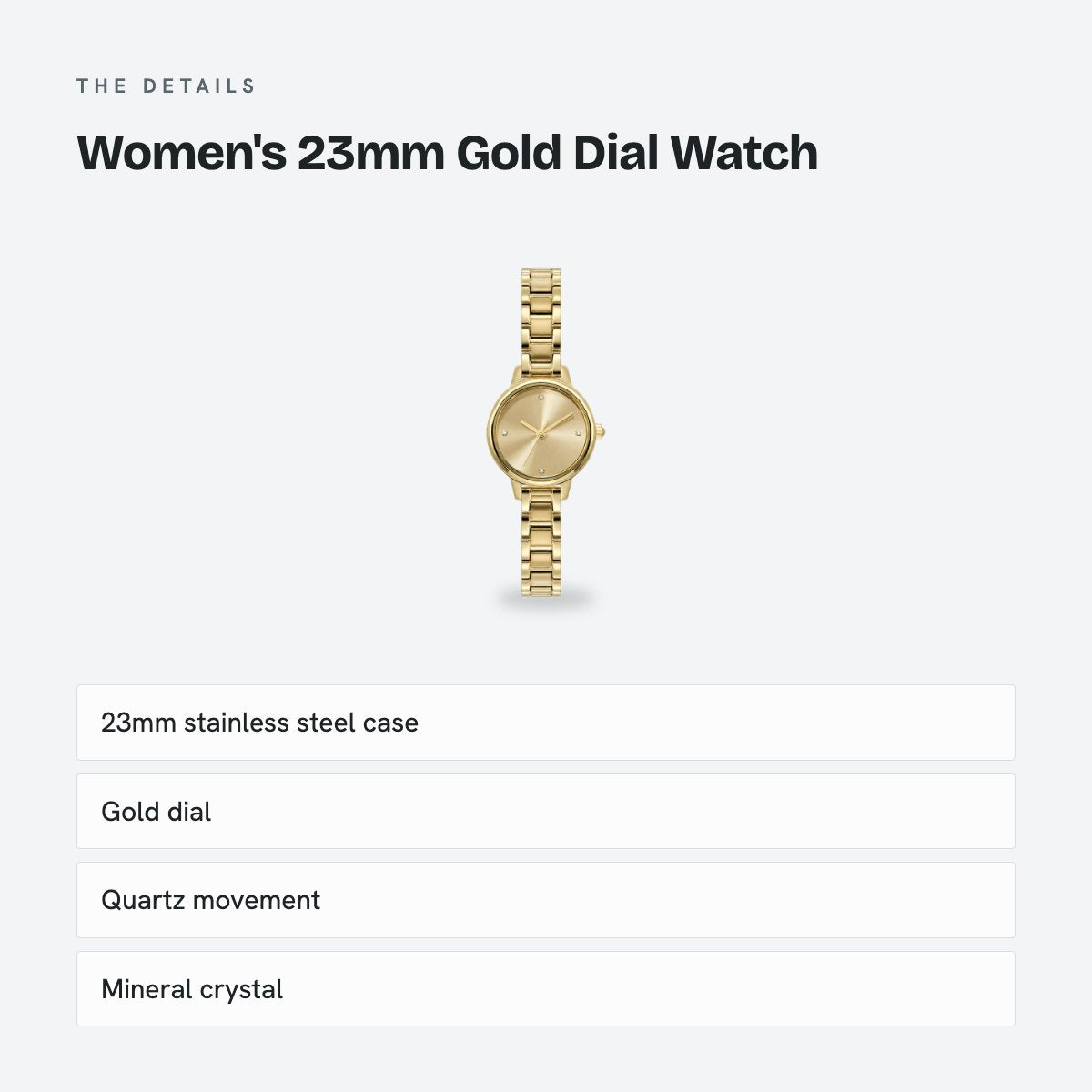 Women's 23mm Gold Dial Watch, Steel Bracelet, details