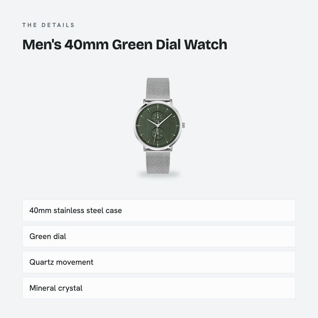 Men's 40mm Green Dial Watch, Steel Bracelet, details
