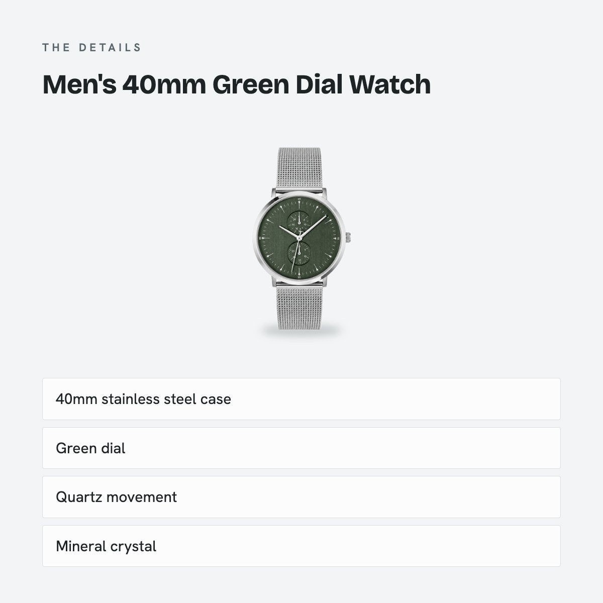 Men's 40mm Green Dial Watch, Steel Bracelet, details