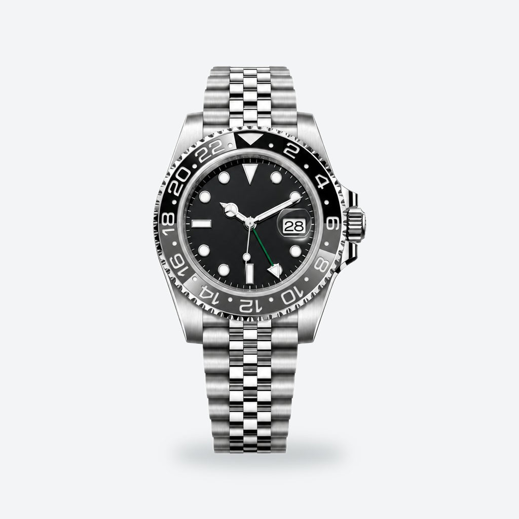 Men's 40mm Automatic GMT Watch, Two-Tone Bezel, Black Dial, Grey/black bezel