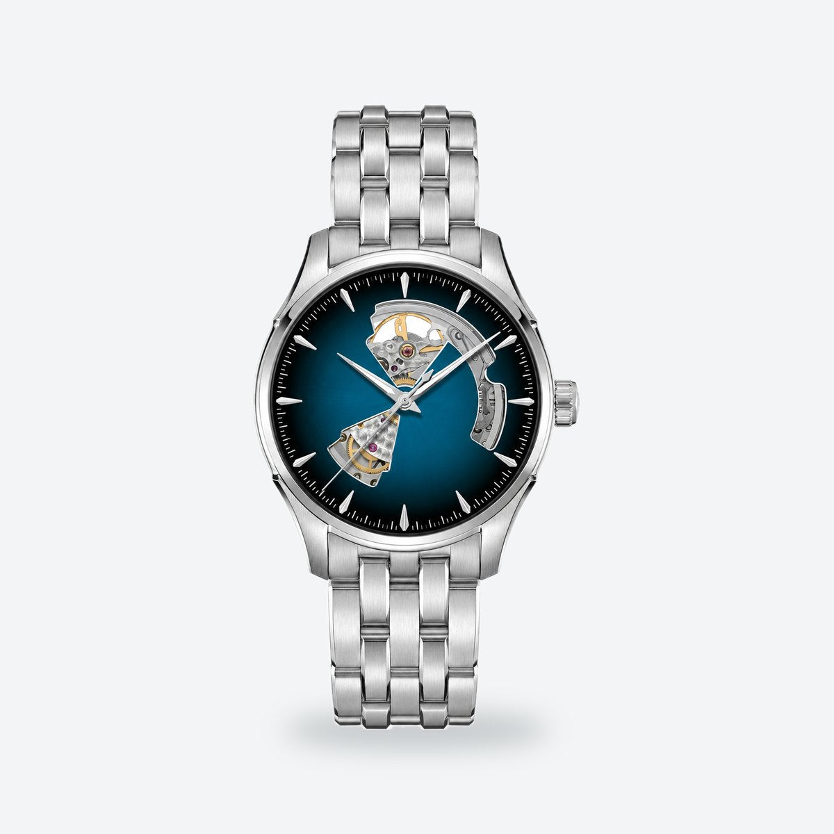 Men's 40mm Automatic Open-Heart Dial Watch, Smoked blue Dial, Blue, steel bracelet