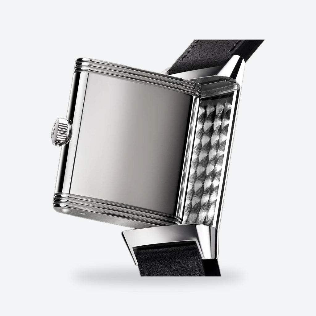 Rectangular Hand-Wound Steel Watch, Swivelling Case, Leather Strap, Silvered grey Dial, view 4