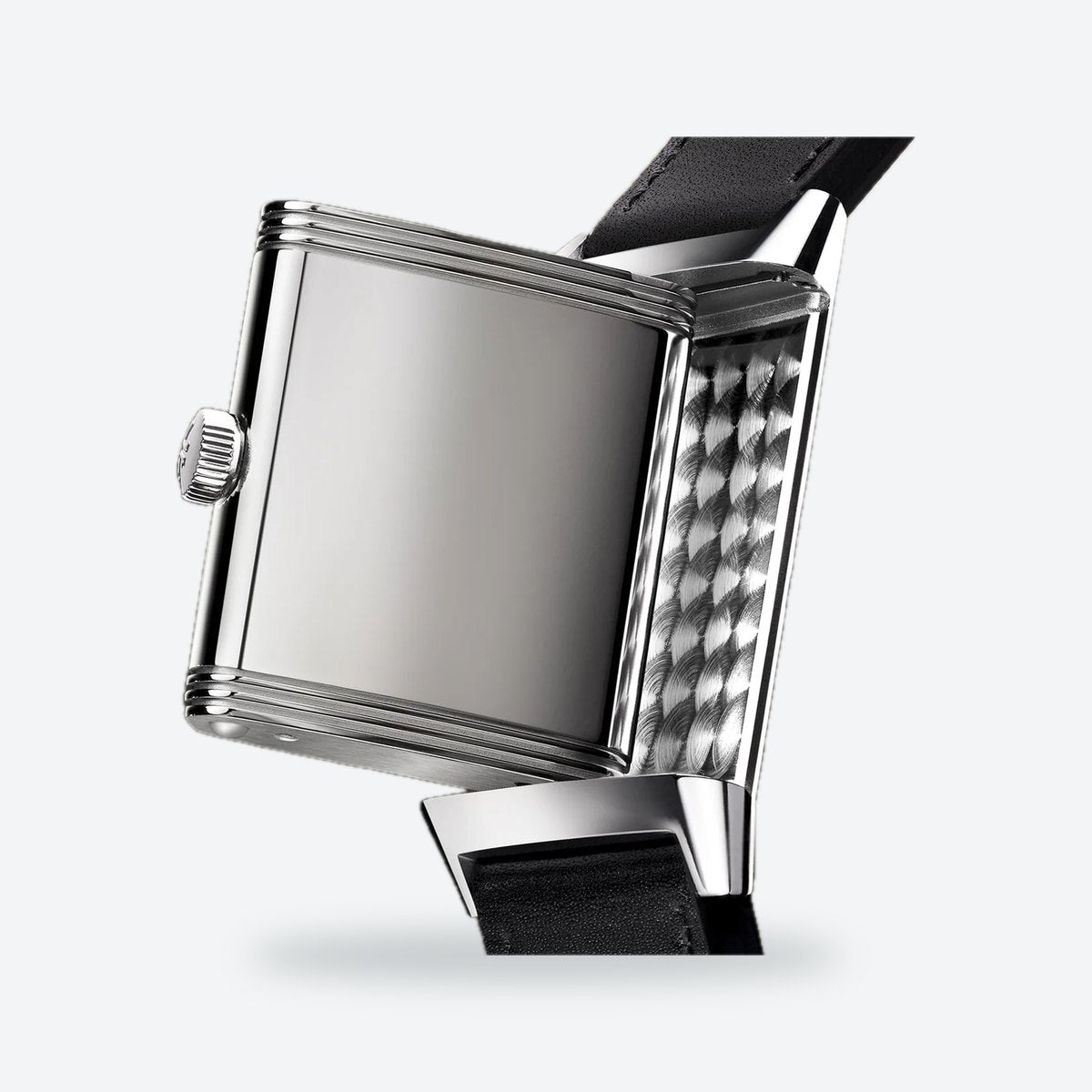 Rectangular Hand-Wound Steel Watch, Swivelling Case, Leather Strap, Silvered grey Dial, view 4