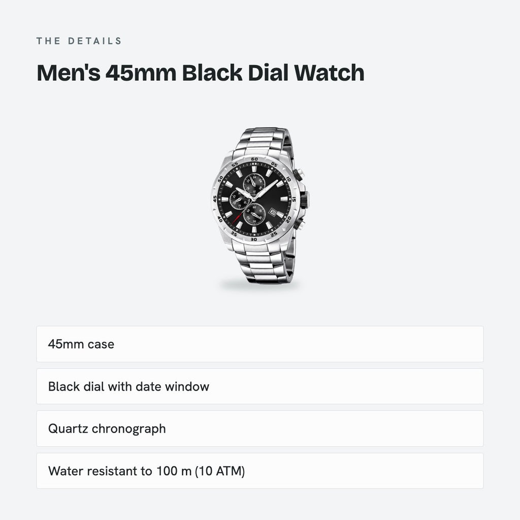 Men's 45mm Black Dial Watch, details