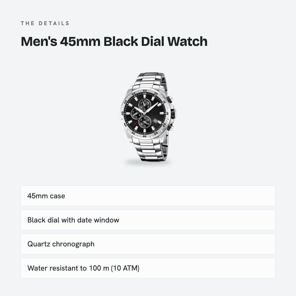 Men's 45mm Black Dial Watch, details