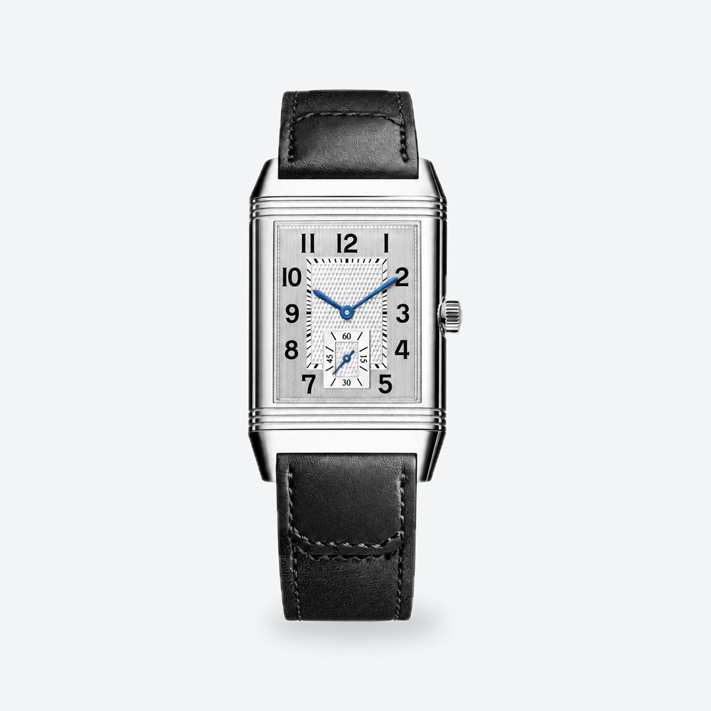 Rectangular Hand-Wound Steel Watch, Swivelling Case, Leather Strap, Silvered grey Dial, Large, 45.6 x 27.4 mm