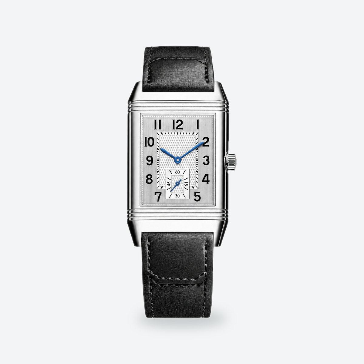 Rectangular Hand-Wound Steel Watch, Swivelling Case, Leather Strap, Silvered grey Dial, Large, 45.6 x 27.4 mm