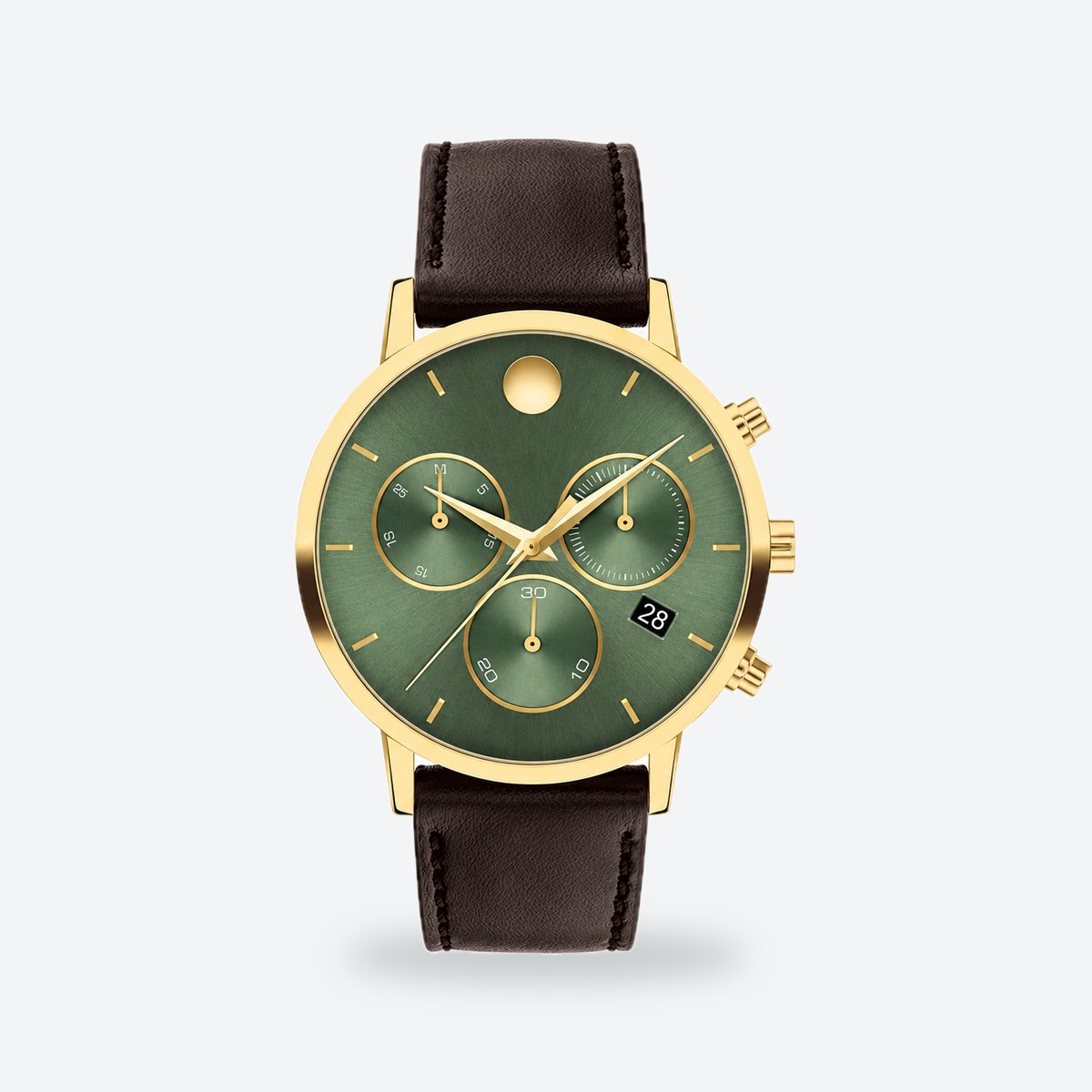 Men's 42mm Blue Dial Chronograph Watch, Leather Strap, Green dial / Brown