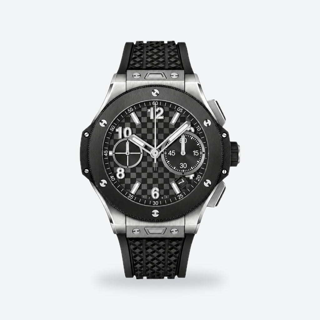 Men's 43mm Automatic Flyback Chronograph Watch, Rubber Strap, Black Dial, Titanium, ceramic bezel