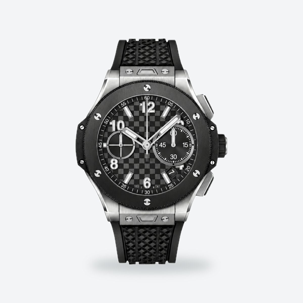Men's 43mm Automatic Flyback Chronograph Watch, Rubber Strap, Black Dial, Titanium, ceramic bezel