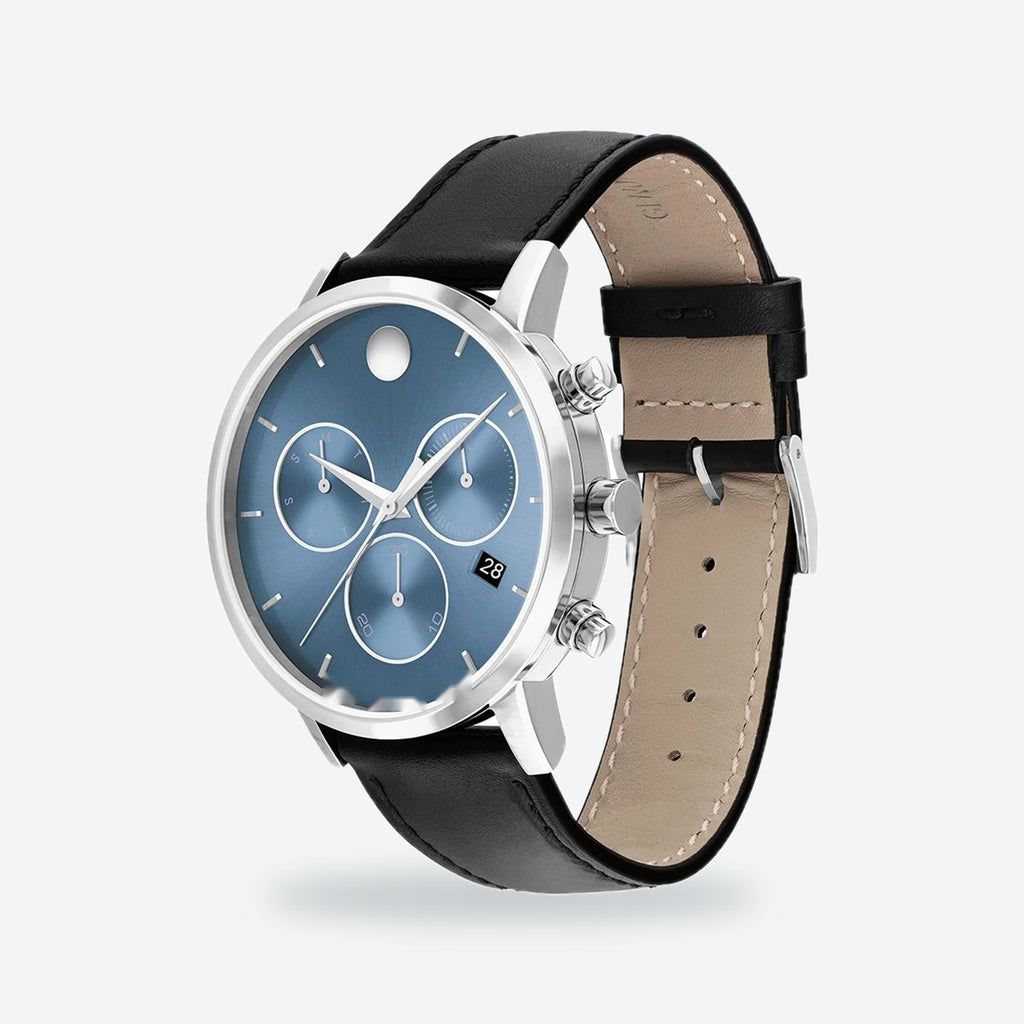 Men's 42mm Blue Dial Chronograph Watch, Leather Strap, view 3