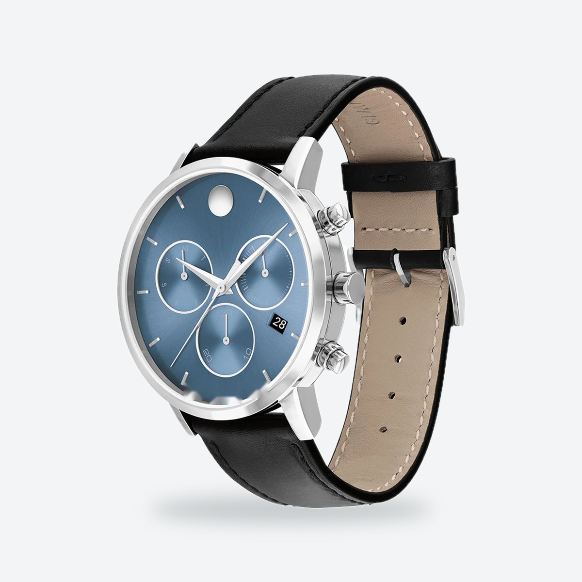 Men's 42mm Blue Dial Chronograph Watch, Leather Strap, view 3