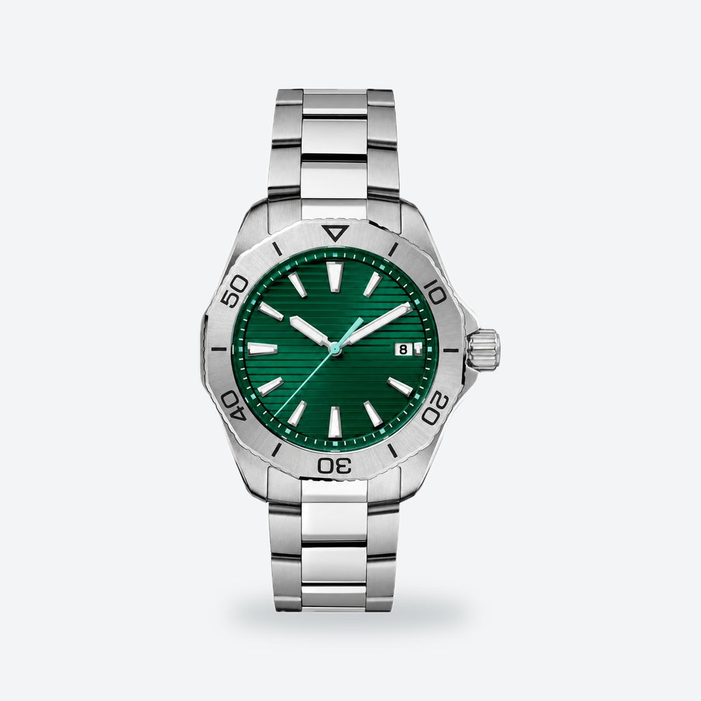 Men's 40mm Black Dial Watch, Steel Bracelet, Silver-Tone, Green dial / Silver-tone