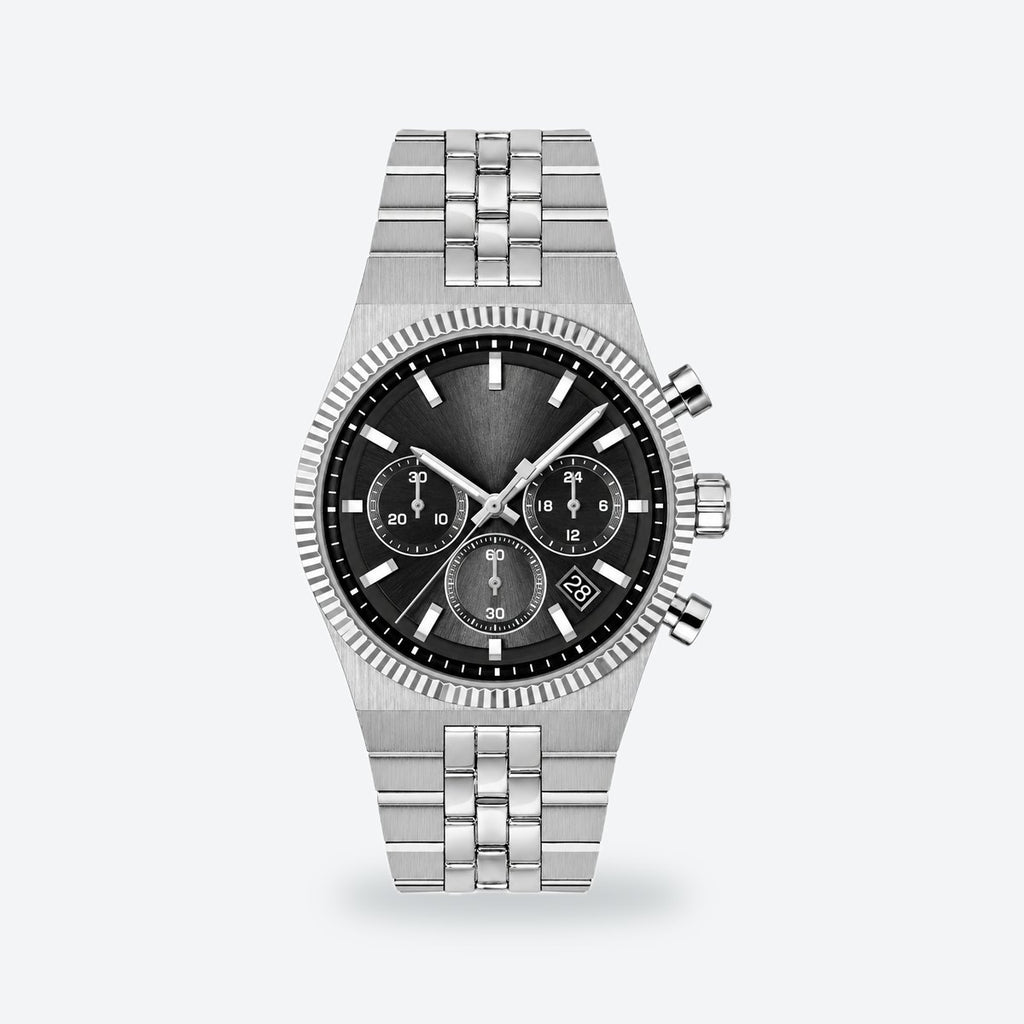 Men's 41mm Black Dial Chronograph Watch, Steel Bracelet, Style 3, Black dial / Silver-tone