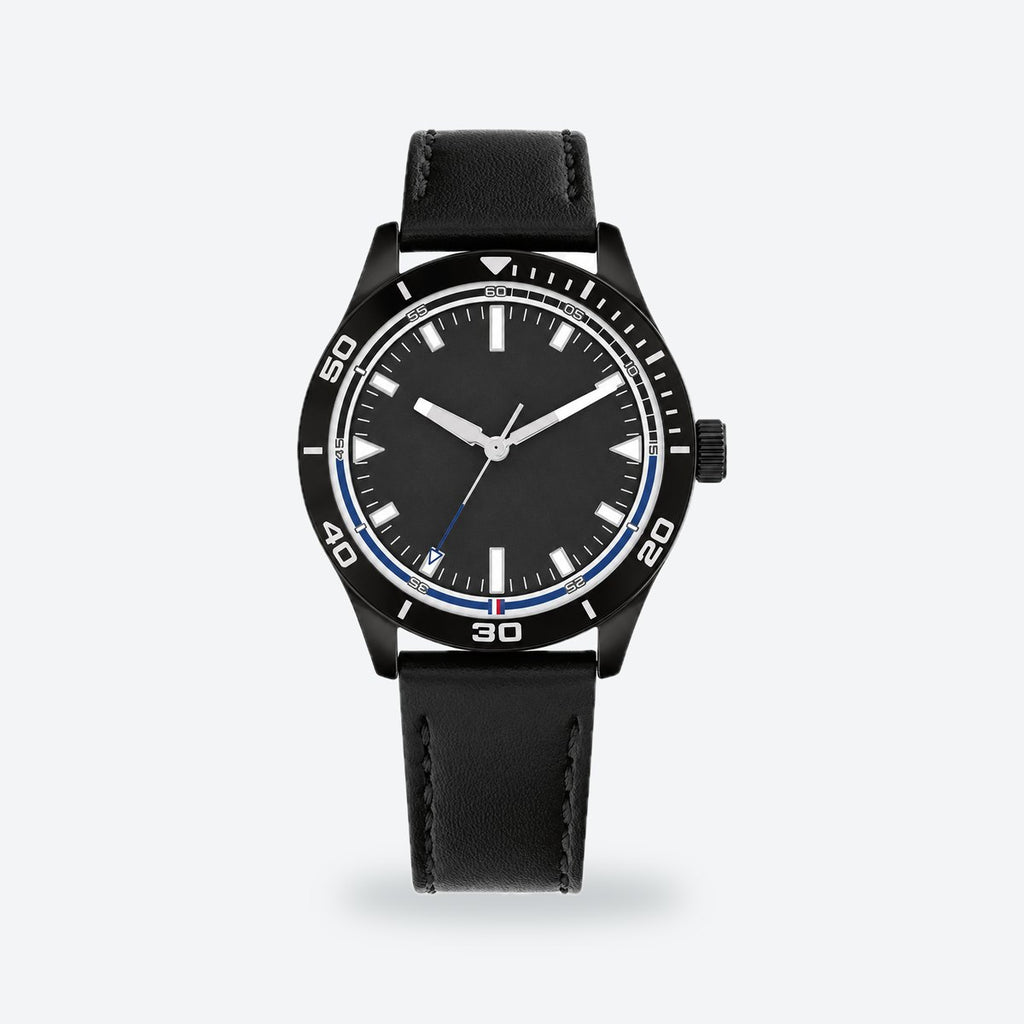 Men's 42mm Black Dial Watch, Leather Strap, photo