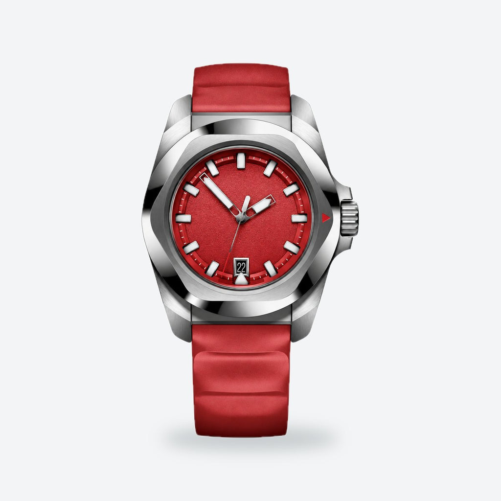 Men's 41mm Black Dial Watch, Rubber Strap, Red dial / Red