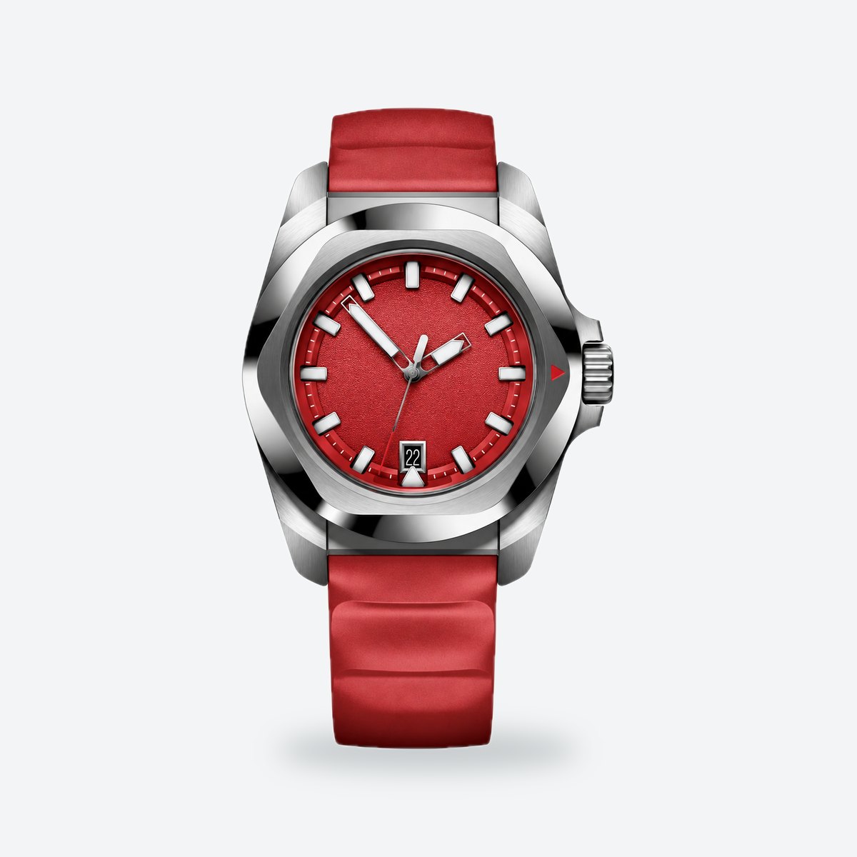 Men's 41mm Black Dial Watch, Rubber Strap, Red dial / Red