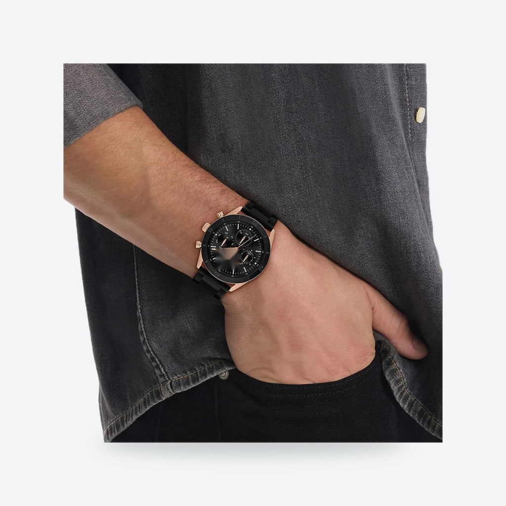 Men's 43mm Black Dial Watch, Rubber Strap, view 2