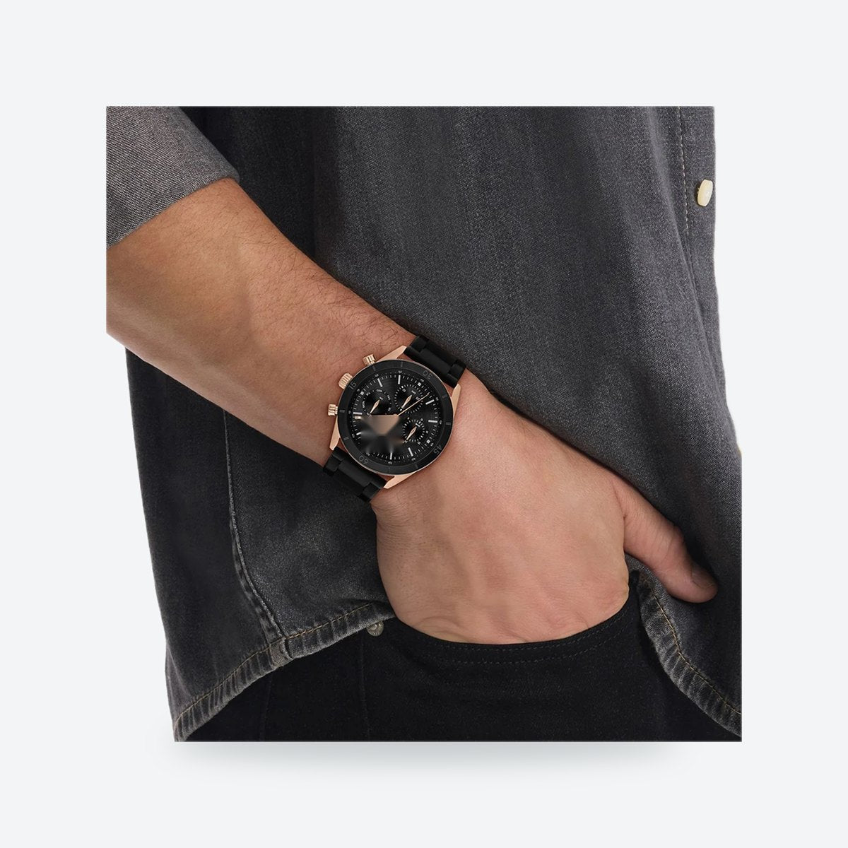 Men's 43mm Black Dial Watch, Rubber Strap, view 2