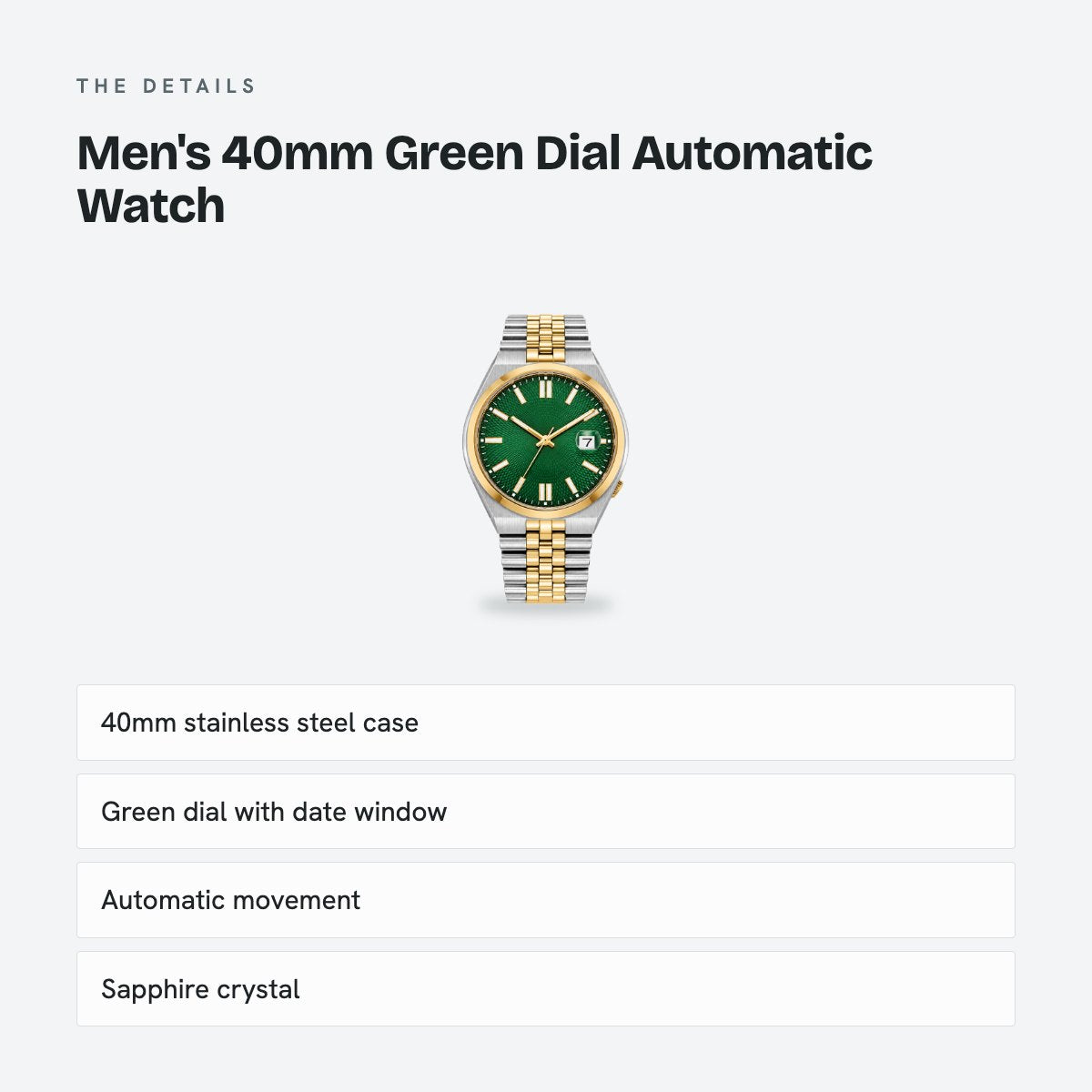Men's 40mm Green Dial Automatic Watch, details
