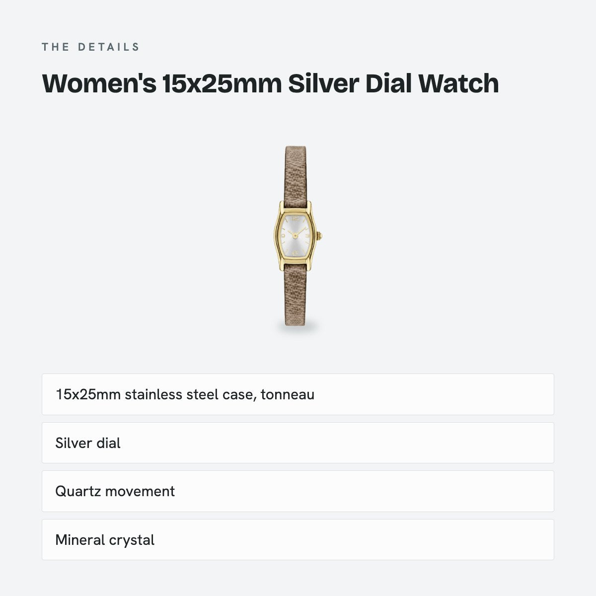 Women's 15x25mm Silver Dial Watch, details